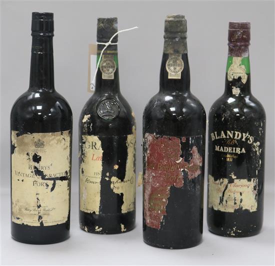 Three bottles of Port - Grahams, Berrys and Wine Society 1974, together with a bottle of Blandys Madeira